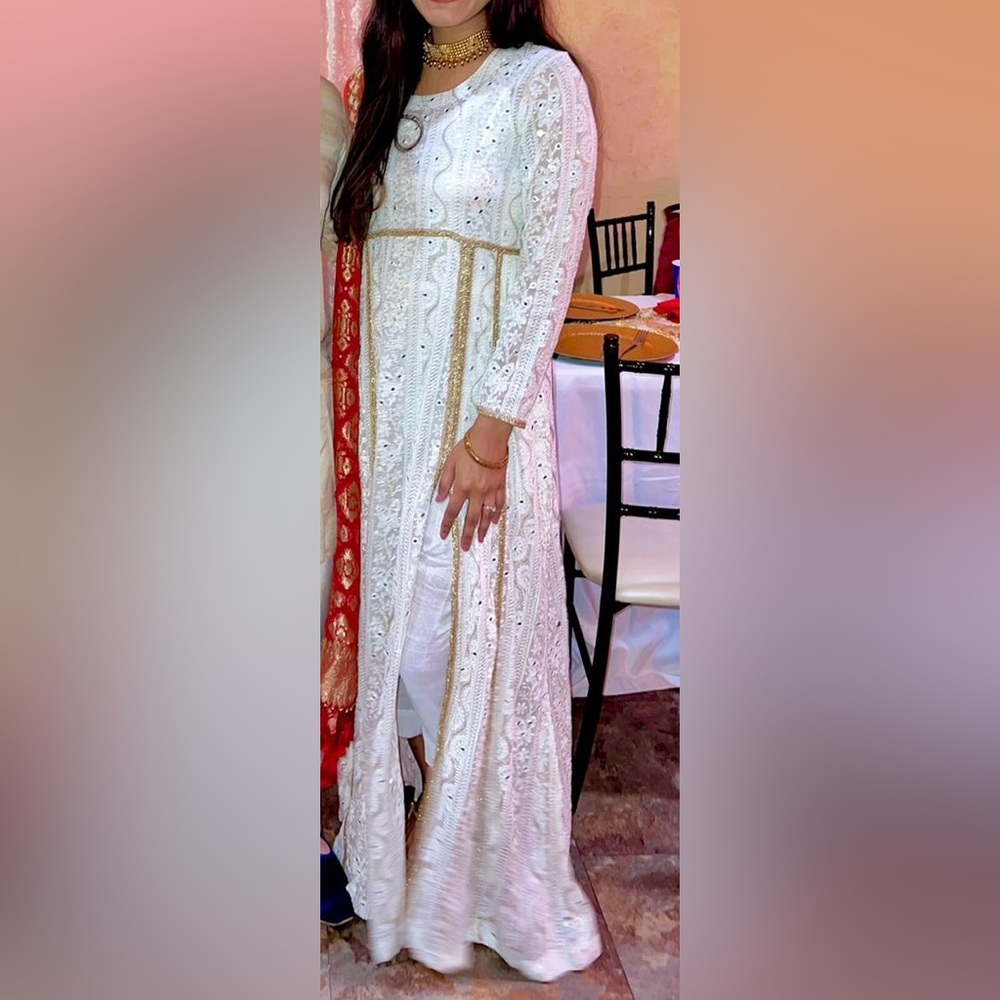 White anarkali (four pieces) Onam